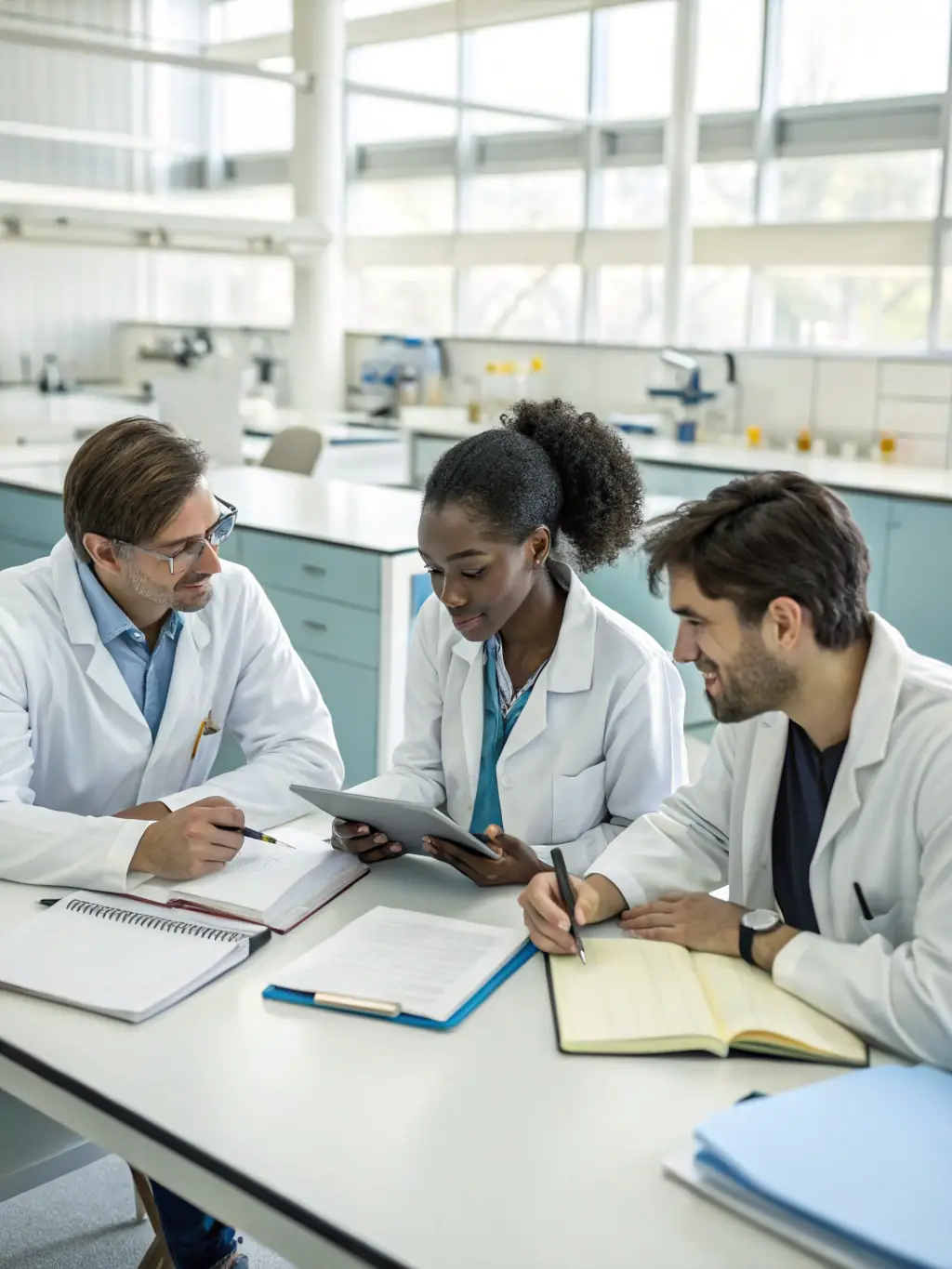 A diverse group of laboratory physicians collaborating and discussing insights gained from CMEforLab courses, highlighting the platform's role in fostering professional growth.