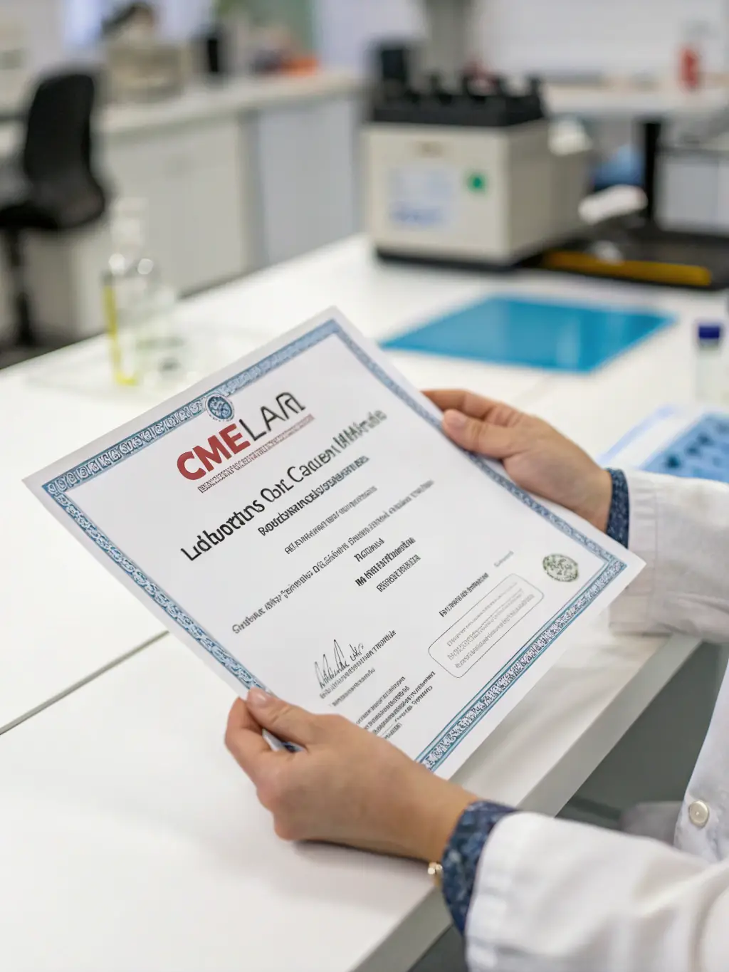 A close-up shot of a CMEforLab course completion certificate being printed, emphasizing the tangible benefits of maintaining professional credentials.