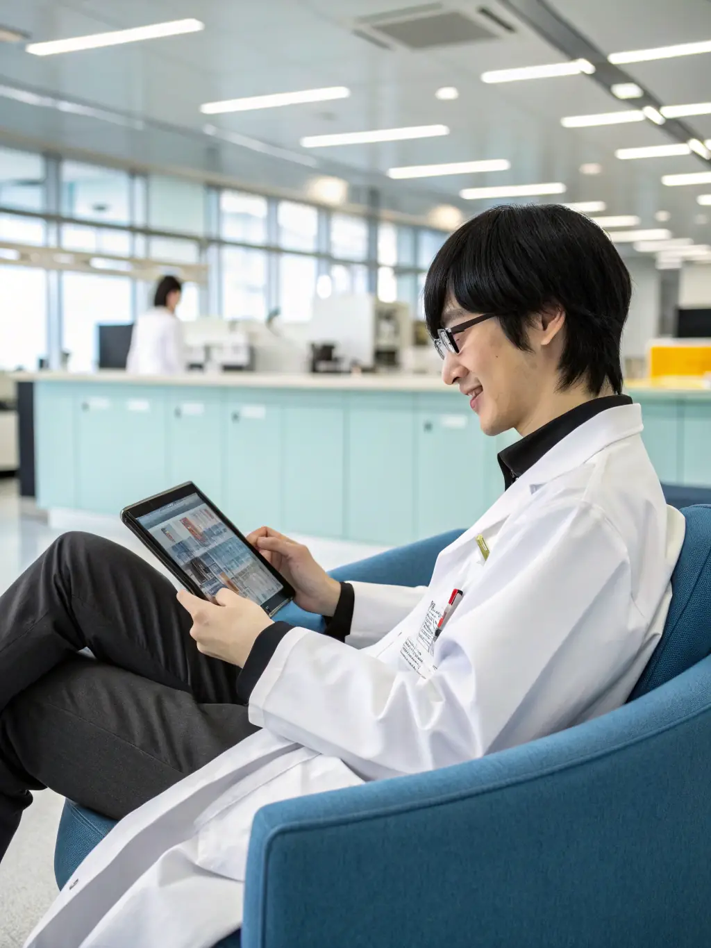A focused laboratory director completing an interactive CMEforLab module on a tablet during a break, showcasing the platform's flexibility and convenience.