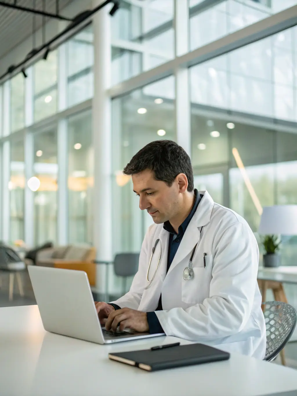 A professional laboratory physician confidently reviewing CMEforLab's regulatory compliance course on a laptop in a modern office setting, symbolizing ease of access and professional development.