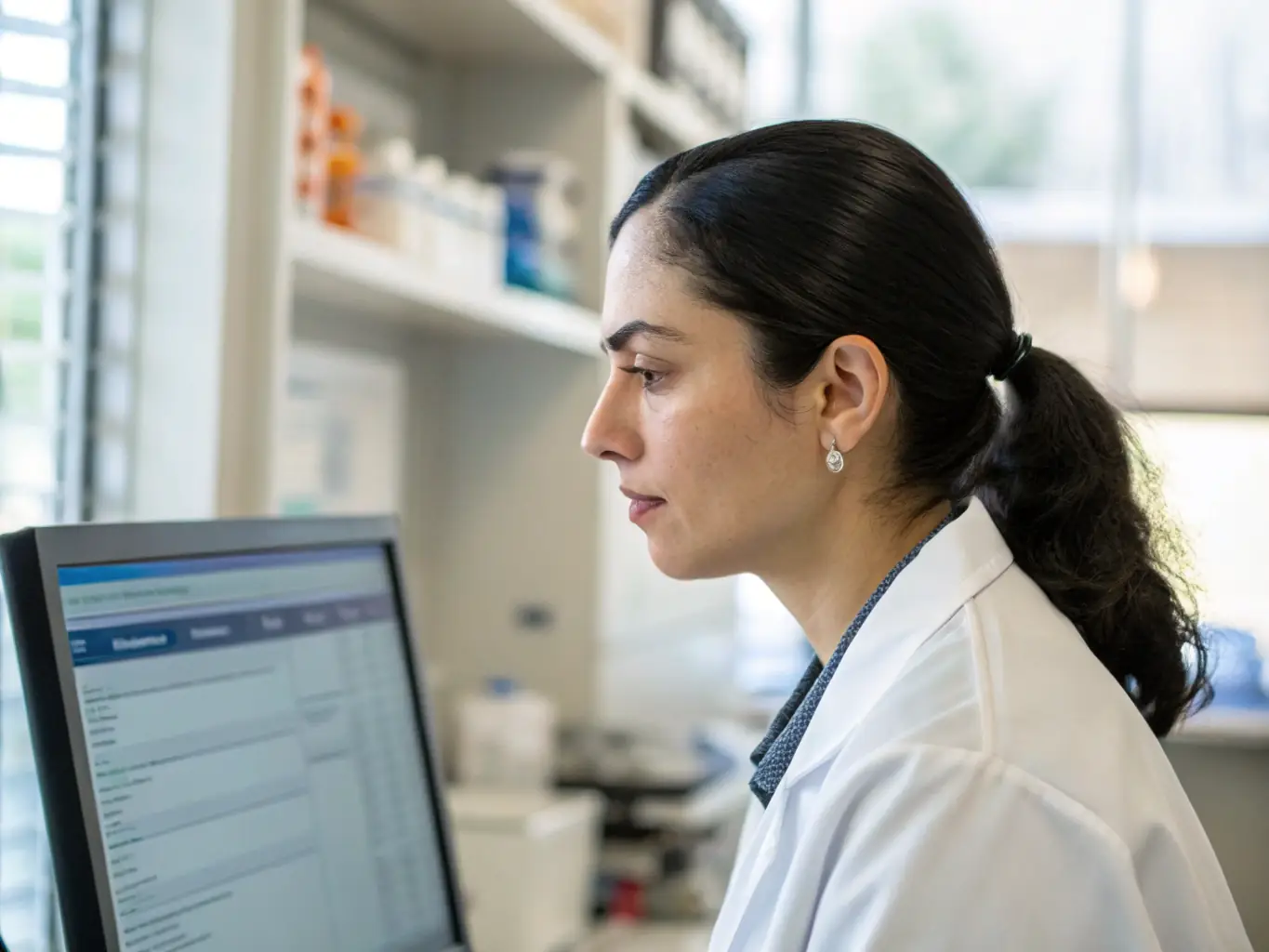 A focused image of a laboratory physician intently studying a digital interface displaying a CME course module, emphasizing the convenience and accessibility of online learning.