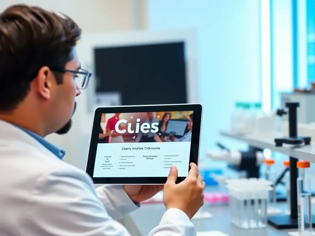 A laboratory physician is accessing a CME course on a tablet, with a clear and intuitive user interface displayed on the screen, showcasing the ease of navigation and course content accessibility.