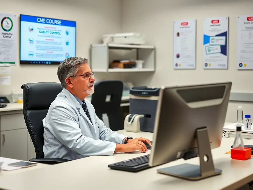 A laboratory director participating in an online CME course focused on quality control, using interactive tools and simulations.
