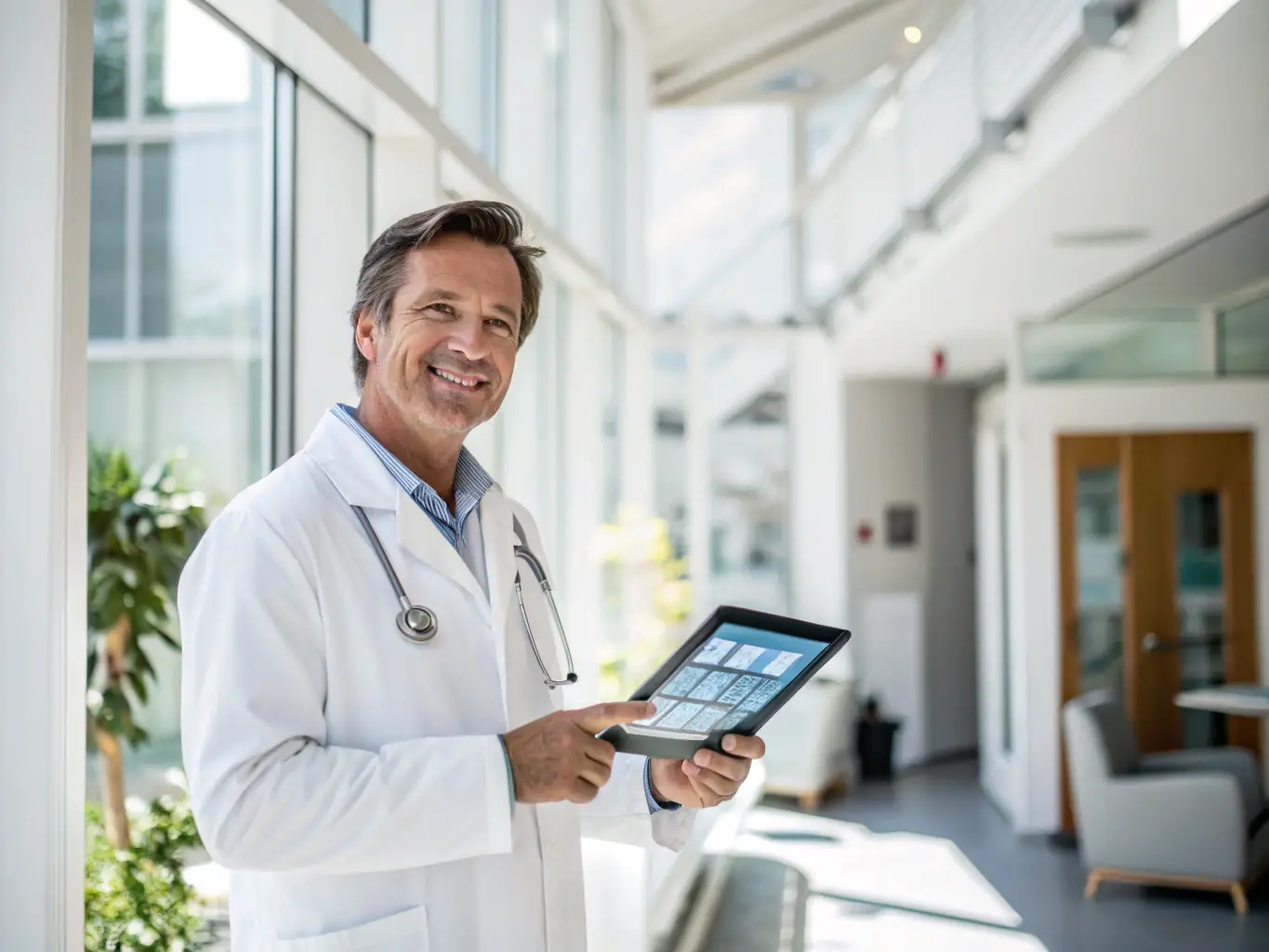 A professional laboratory physician is shown accessing a CME course on a tablet, highlighting the platform's accessibility and convenience.