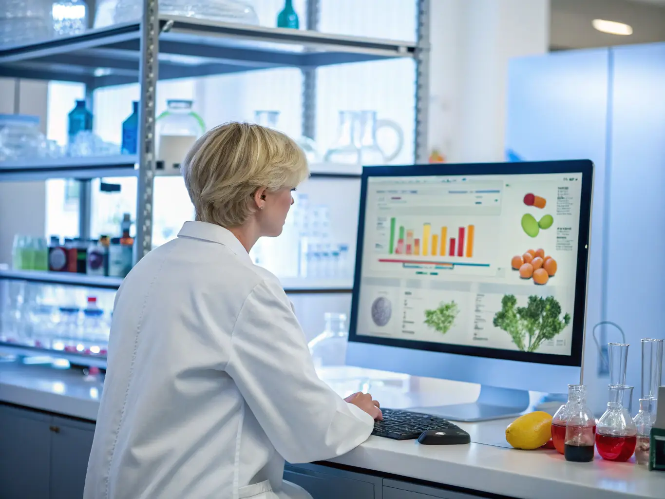 An image depicting a quality control process in a lab setting, with a physician reviewing data on a computer screen, highlighting the importance of quality assurance in laboratory medicine.