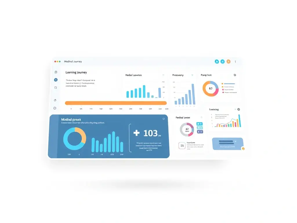 A progress bar visually represents a physician's progress through a CME course, with key milestones and completed modules highlighted, emphasizing the platform's tracking capabilities.