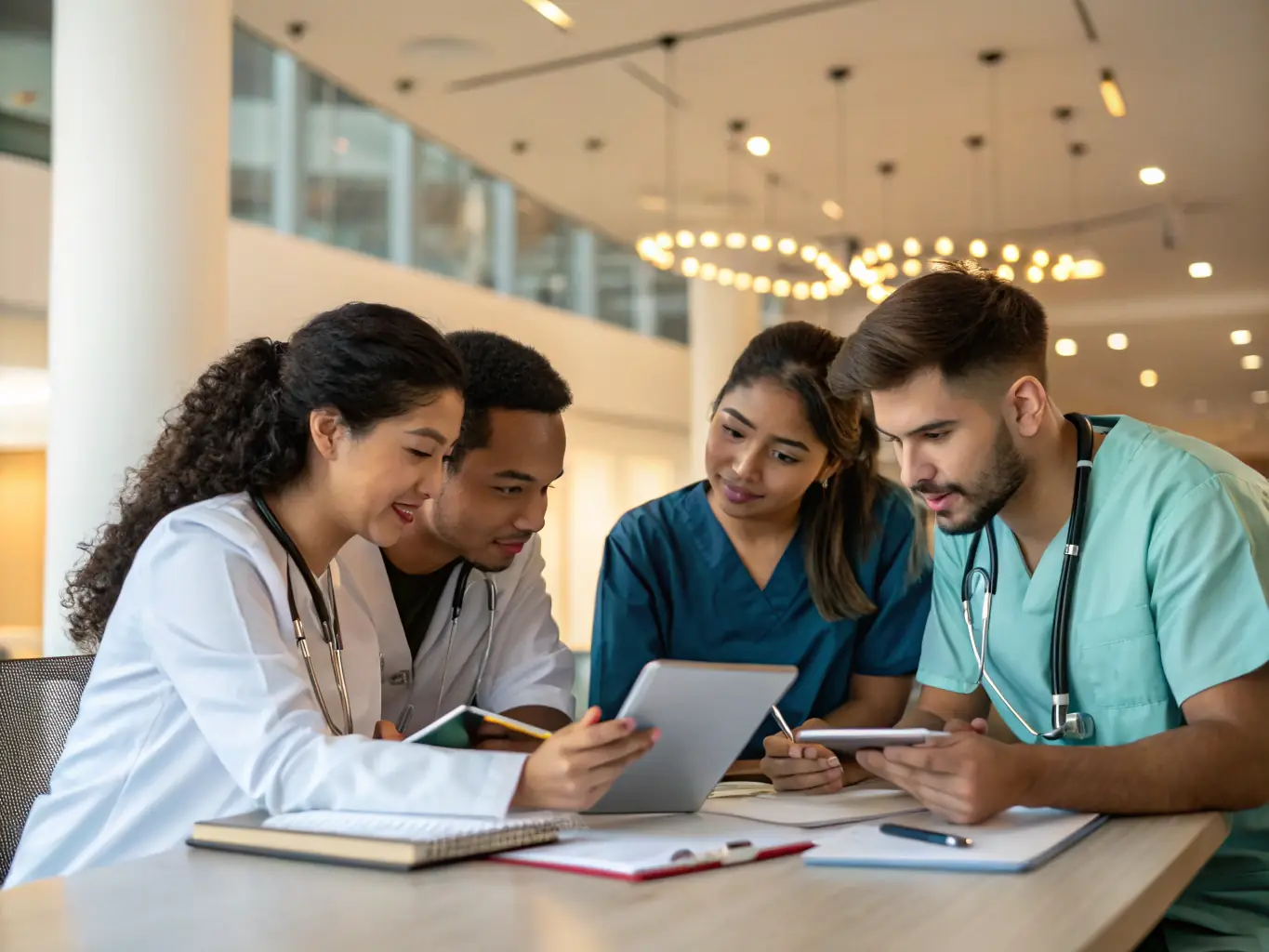 A group of laboratory physicians collaborating on a complex case study during an advanced laboratory techniques CME course.