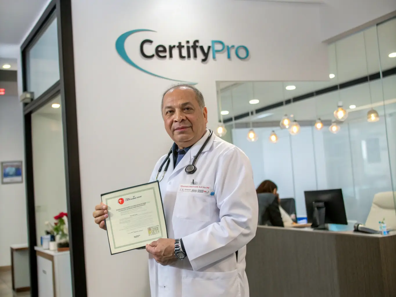 A physician is receiving a digital CME certificate upon completing a course, with a professional design and verifiable credentials, symbolizing the platform's certification feature.