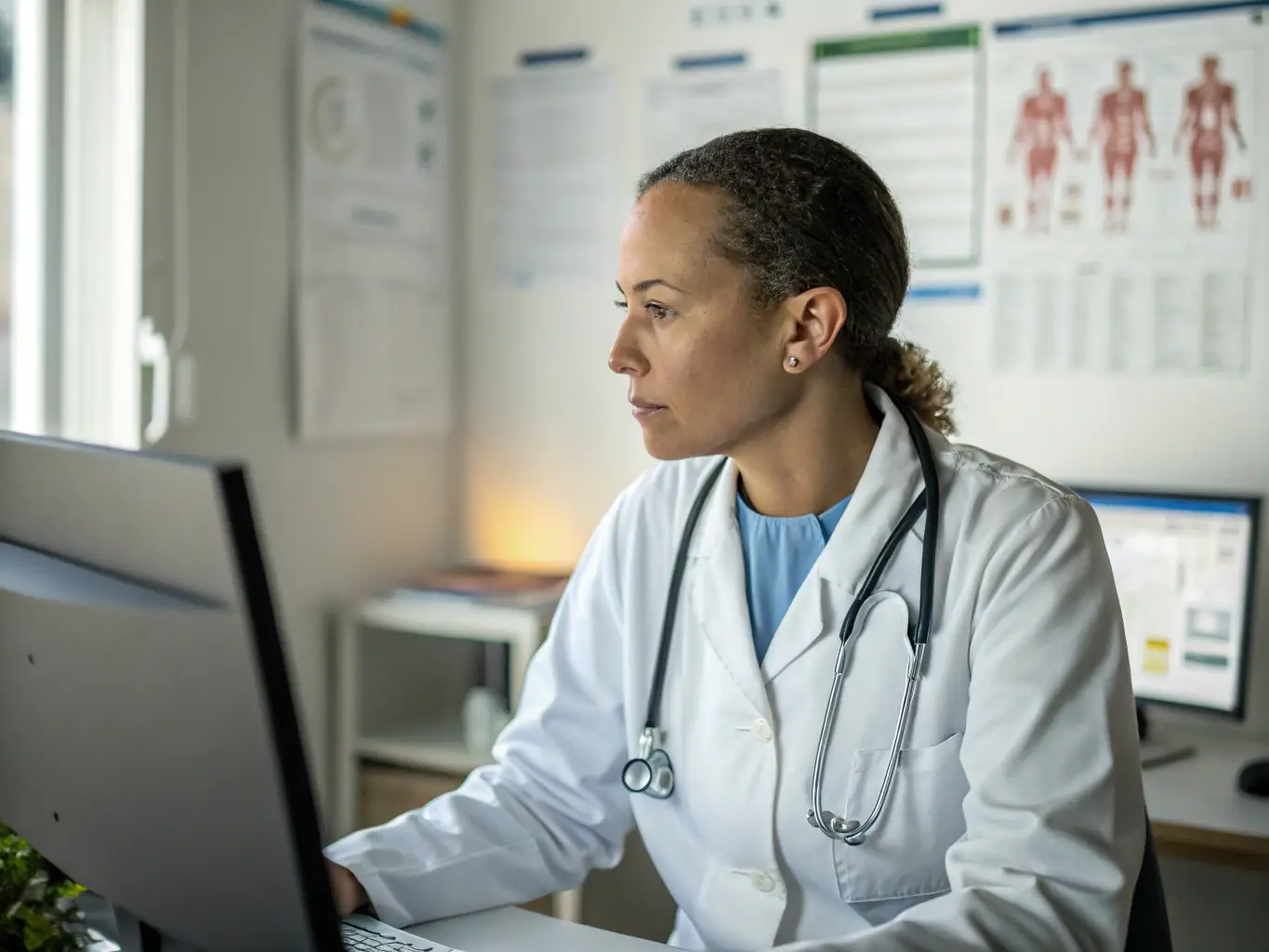 A laboratory physician reviewing a detailed report on regulatory compliance during a CME course, with a focus on CLIA requirements.